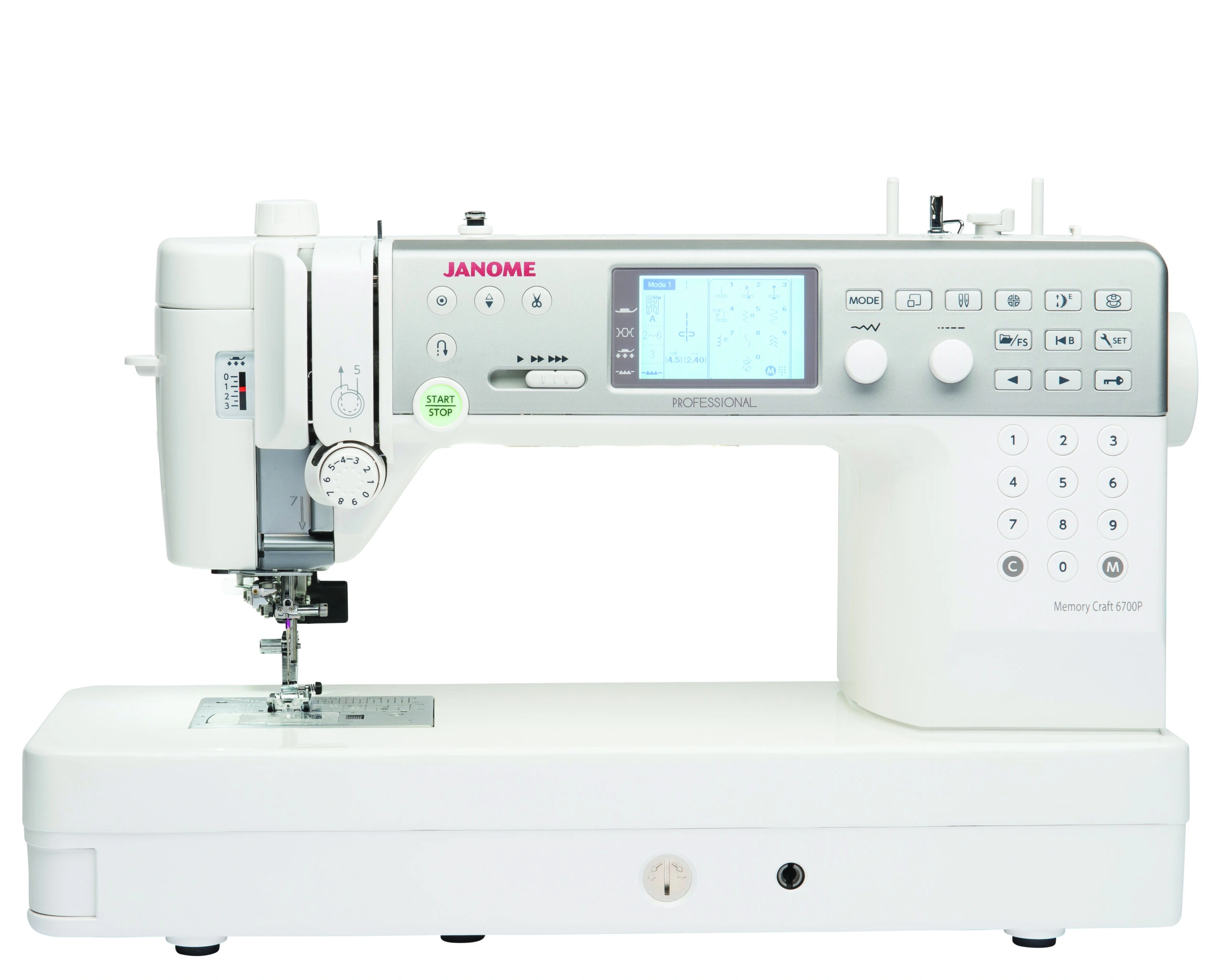 Janome Memory Craft 6700P Professional heavy-duty sewing machine on display in the showroom at The Broken Needle in Bunn, NC.
