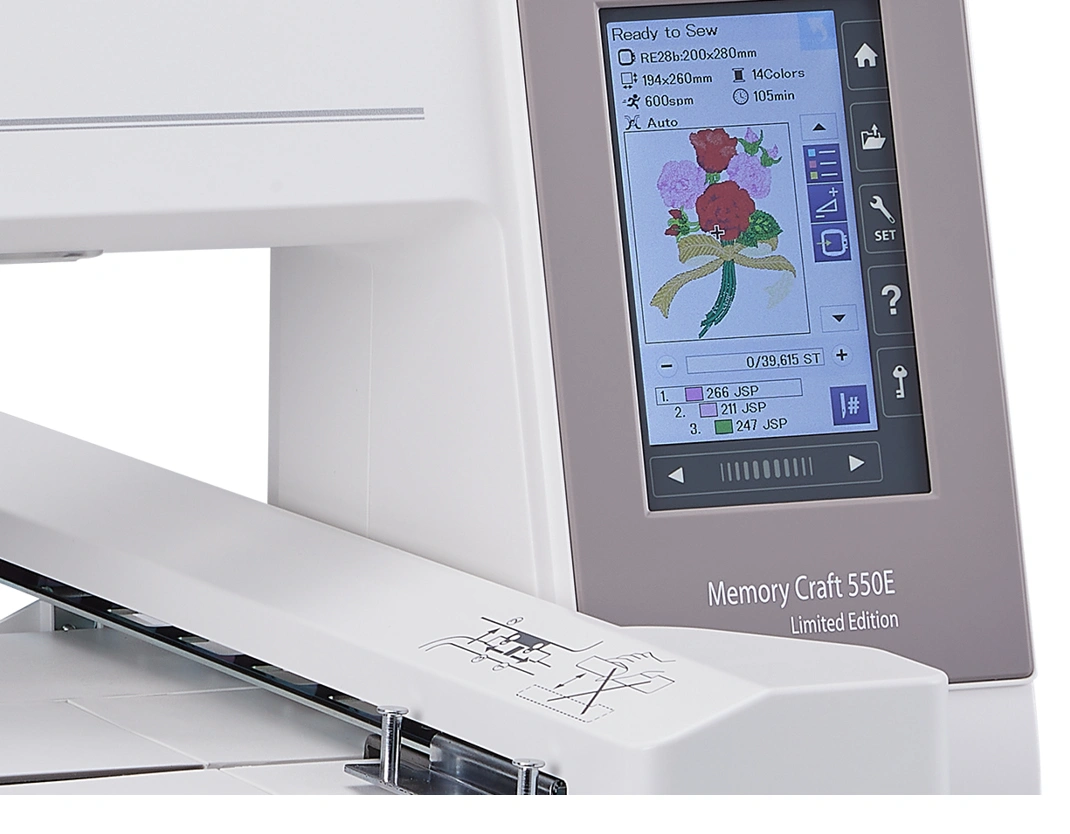 Detailed look at the massive 7.9 by 14.2 inch RE36b embroidery hoop standard on the Janome MC 550E Limited Edition for a home business in Wake Forest NC.