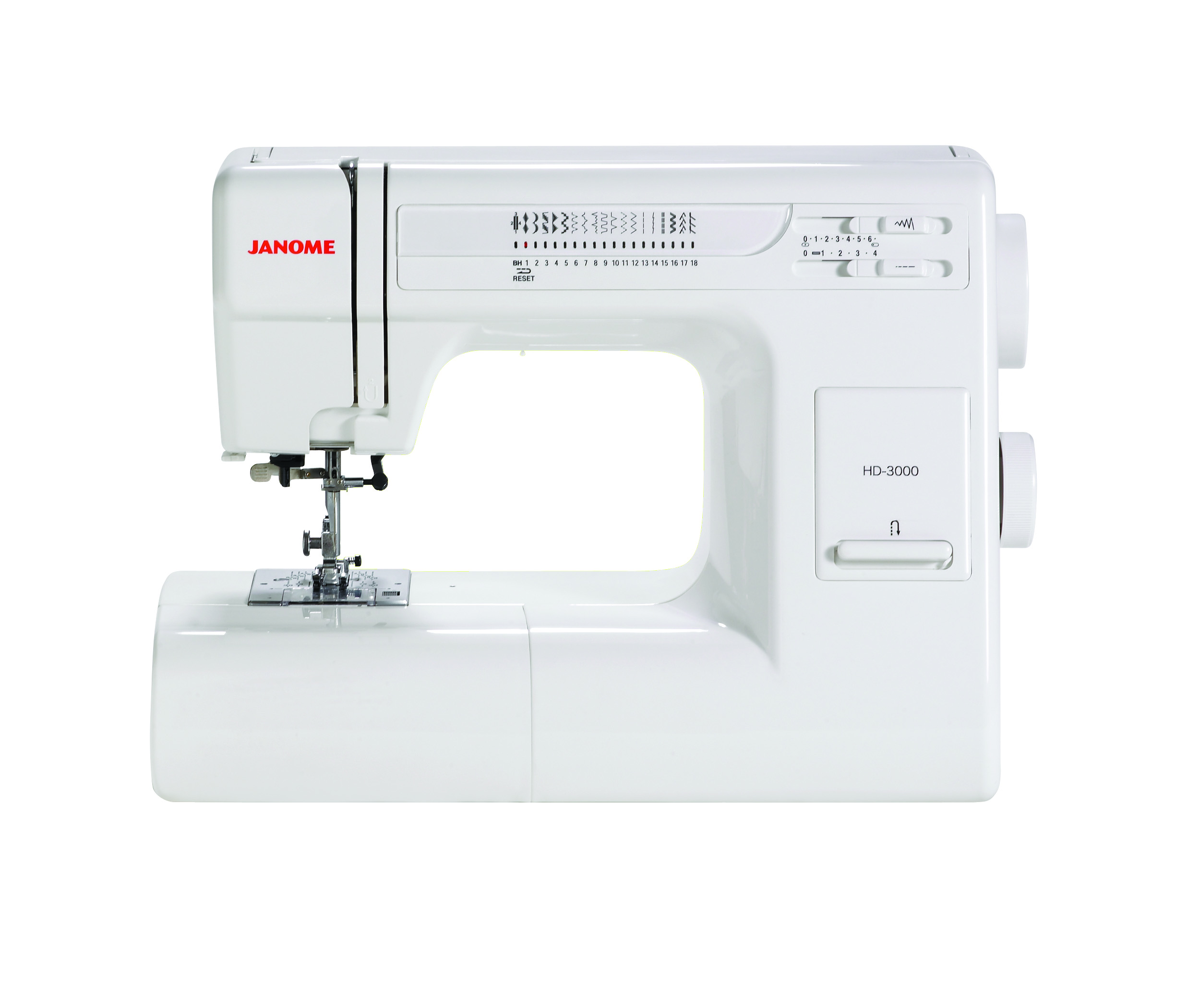 Janome HD-3000 heavy-duty sewing machine highlighting its 18 built-in stitches and reverse lever assembly serving Wilmington and Coastal NC.