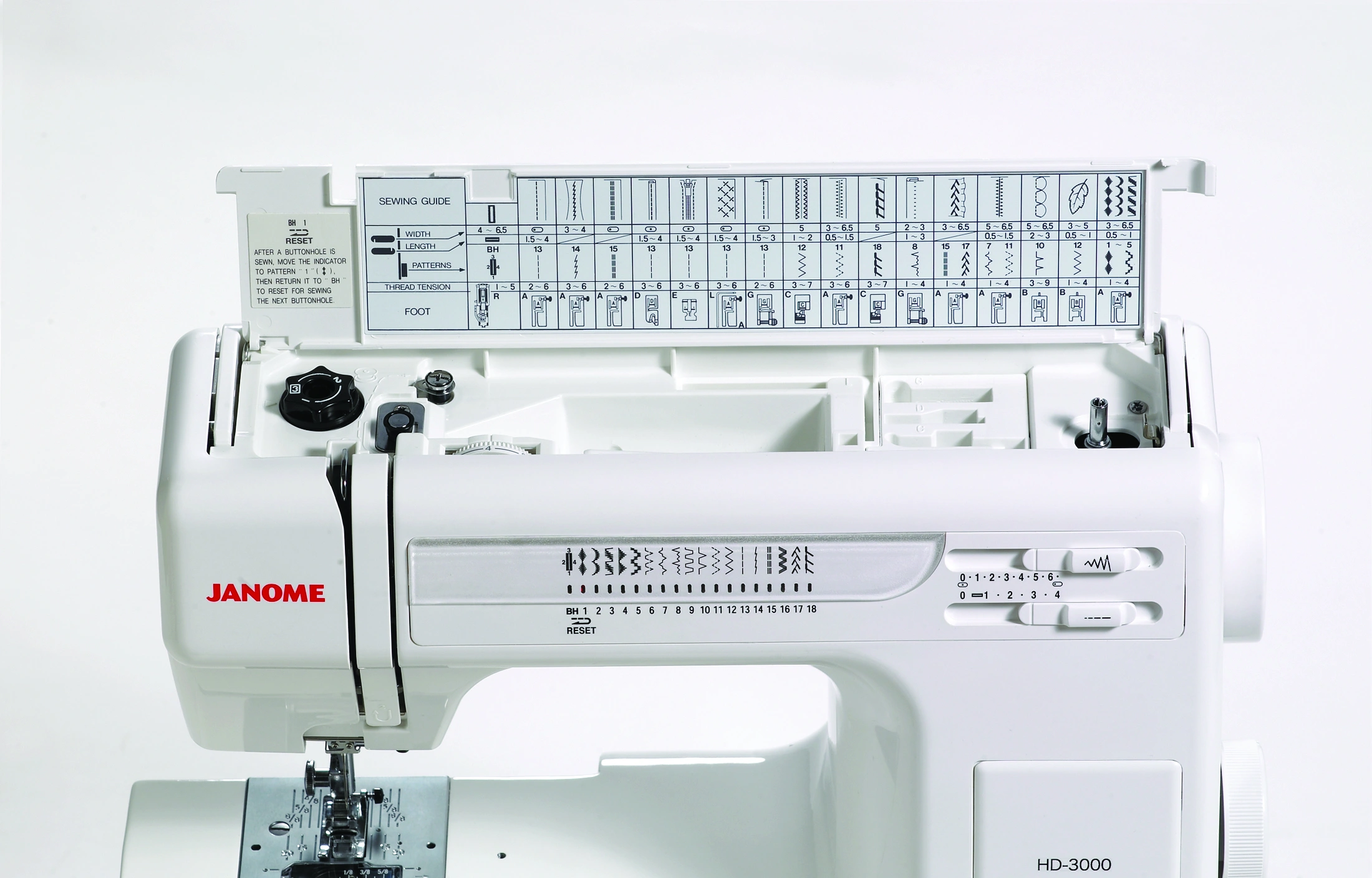 Close-up of the Janome HD-3000 flip-top storage lid showing the built-in stitch selection guide and feet settings near Raleigh, NC.