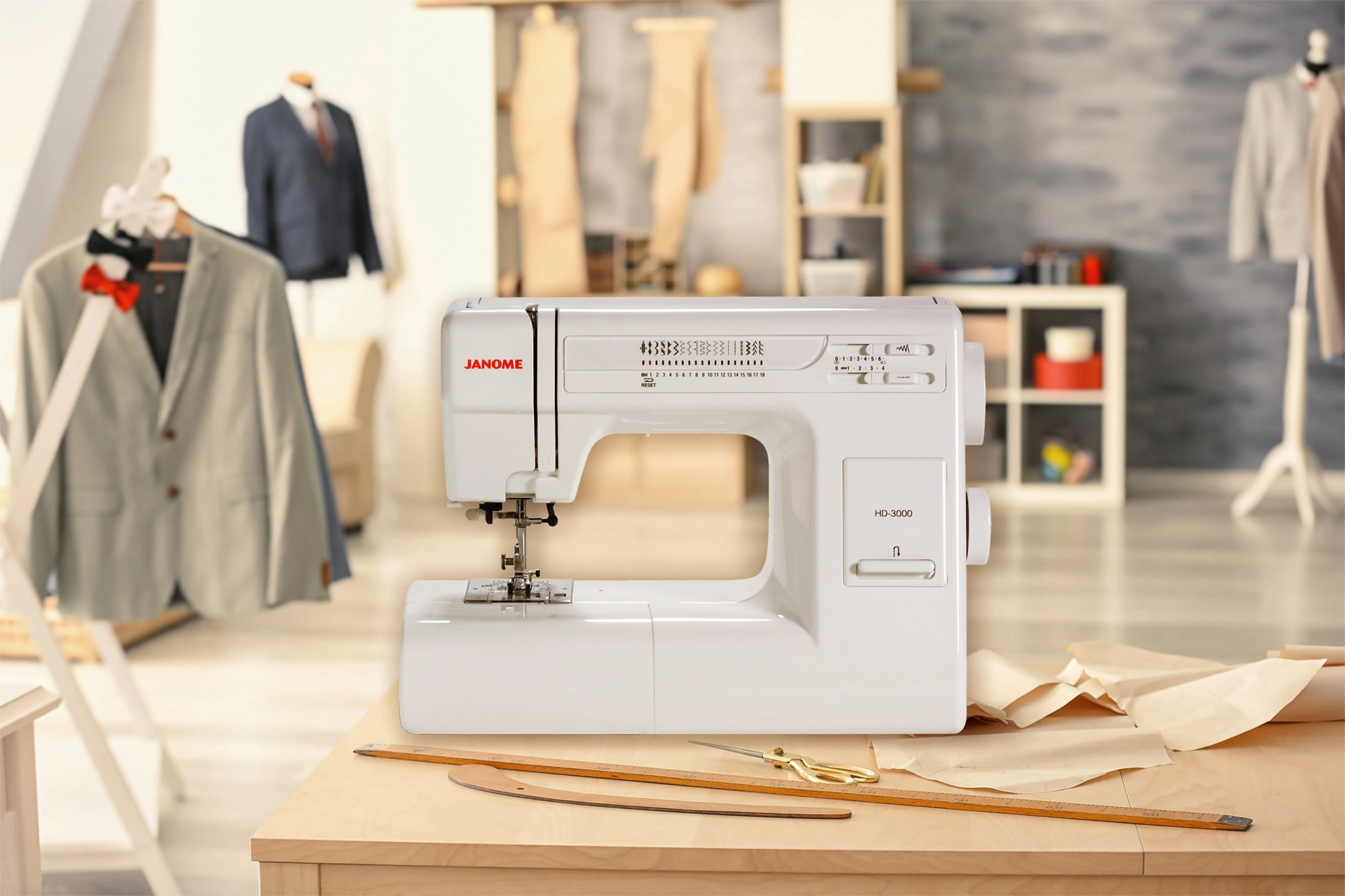 Janome HD-3000 heavy-duty mechanical sewing machine with a die-cast aluminum body on display at The Broken Needle in Bunn, NC.