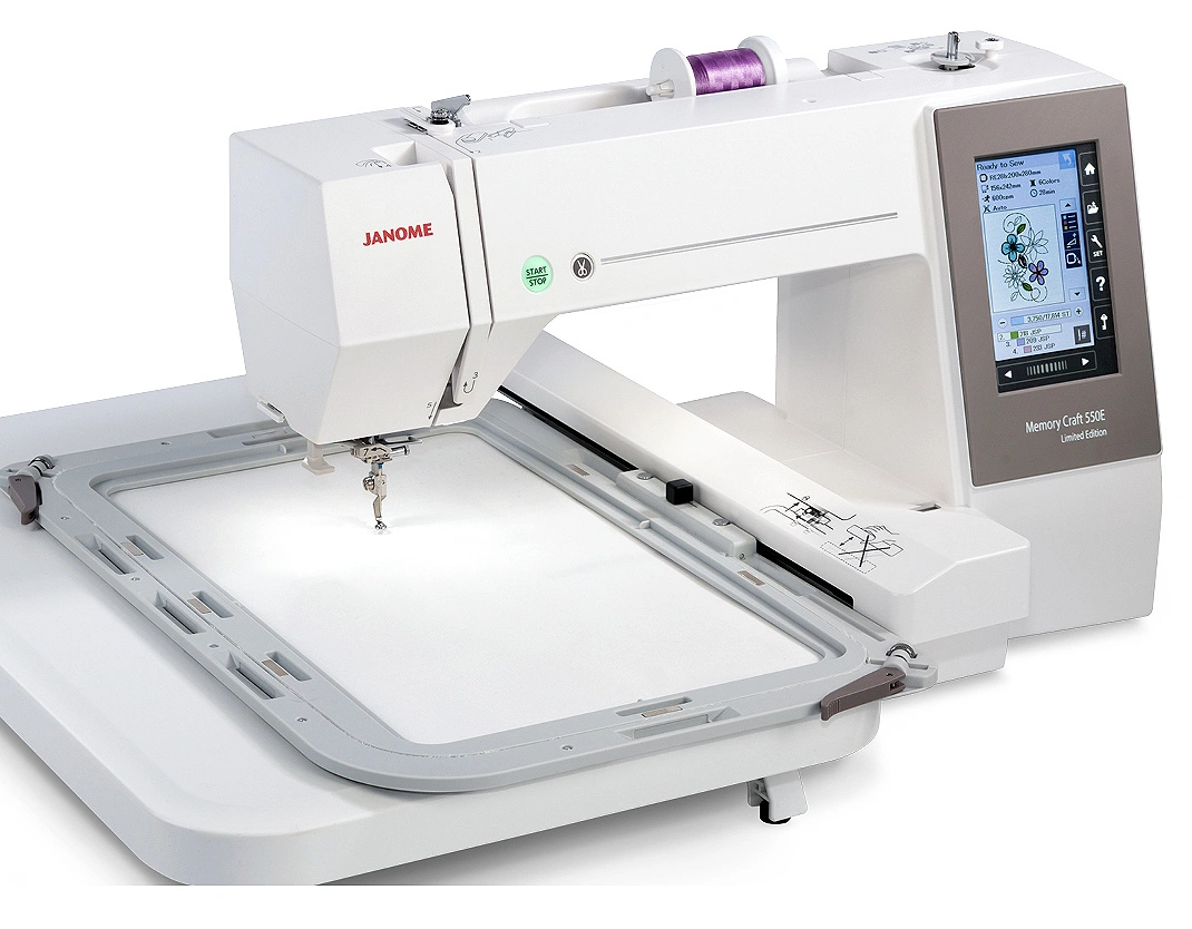 Janome Memory Craft 550E Limited Edition standalone embroidery machine on display at the Bunn NC showroom.