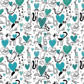 It's Raining Cats and Dogs by Terry Runyan - Hearts & Cats - Teal
