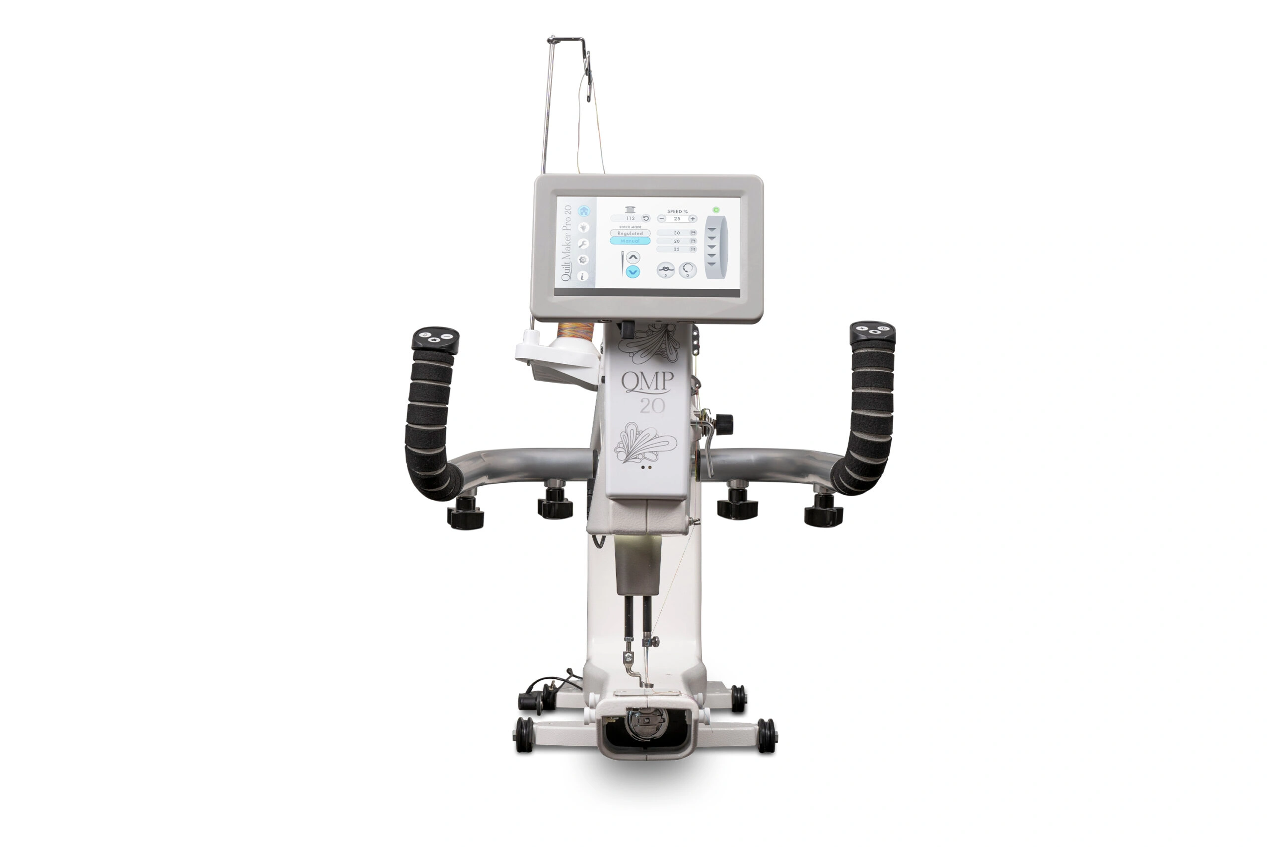 Close-up of the Janome Quilt Maker Pro 20 independently adjustable handlebars configured for perfect micro quilting near Raleigh, NC.