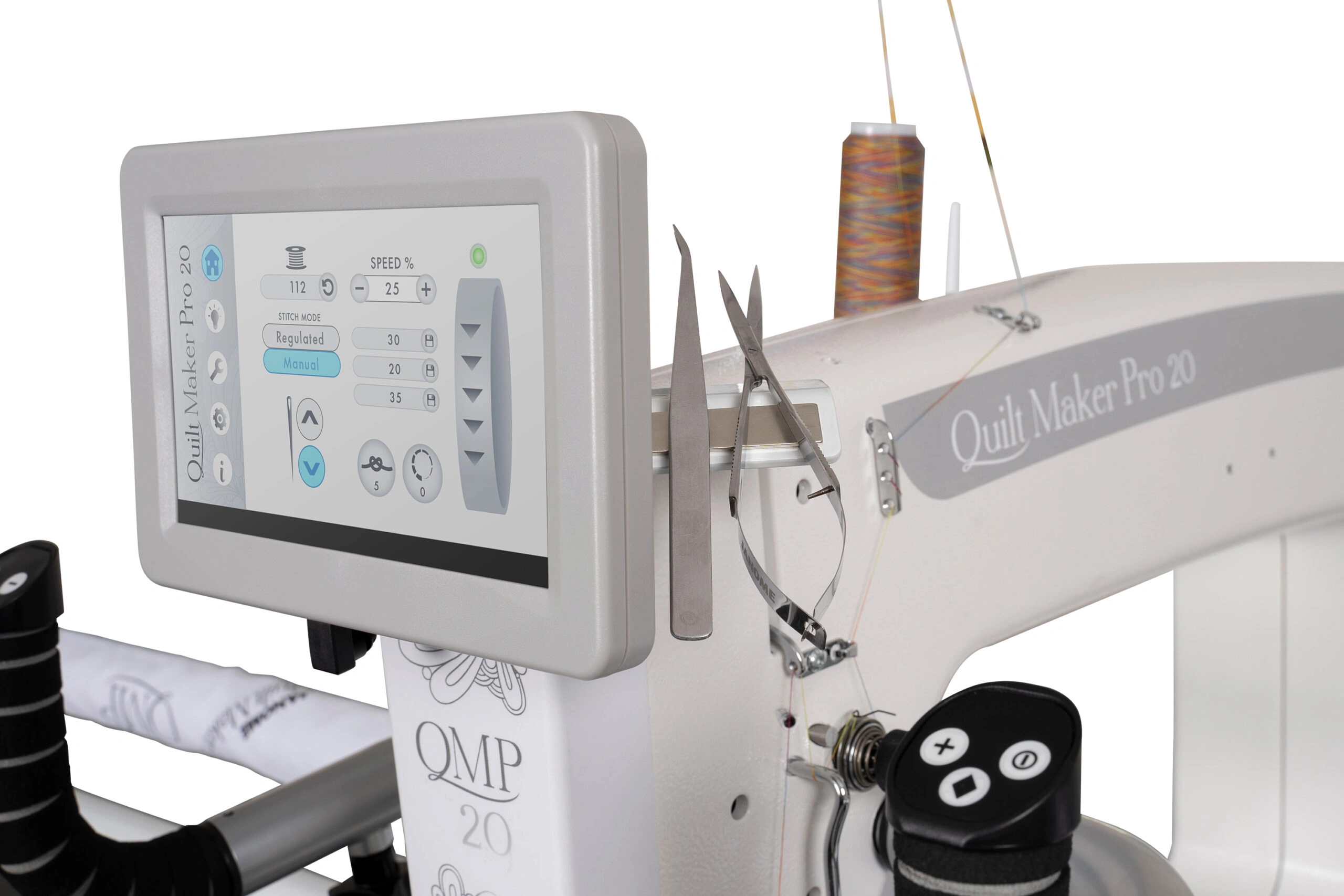 Janome Quilt Maker Pro 20 integrated 7-inch color touch screen interface showing stitch regulation modes near Wake Forest, NC.