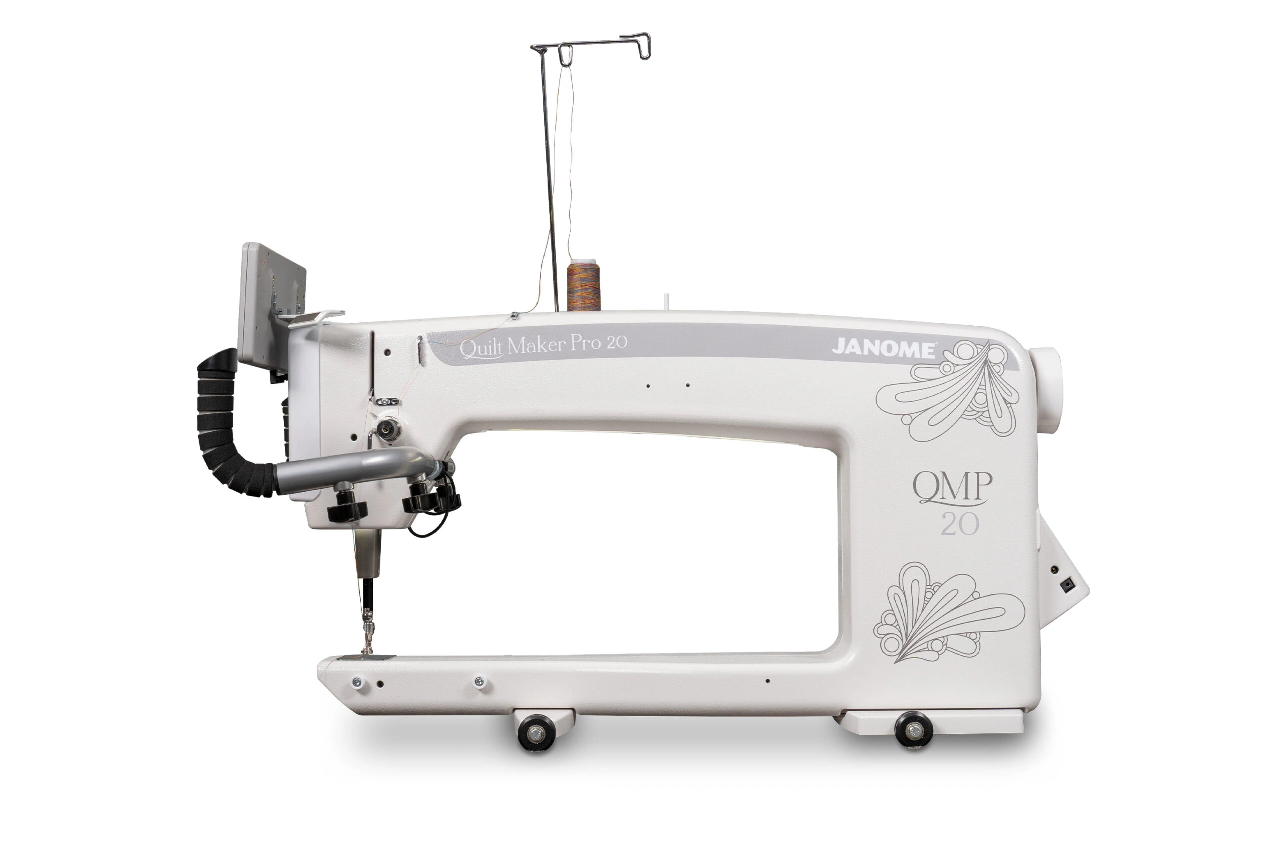 Janome Quilt Maker Pro 20 longarm quilting machine with a spacious 20-inch arm workspace on display at The Broken Needle in Bunn, NC.