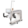 Janome Quilt Maker Pro 20 longarm quilting machine profile display showing ergonomic handle bars inside the showroom of The Broken Needle in Bunn, NC.