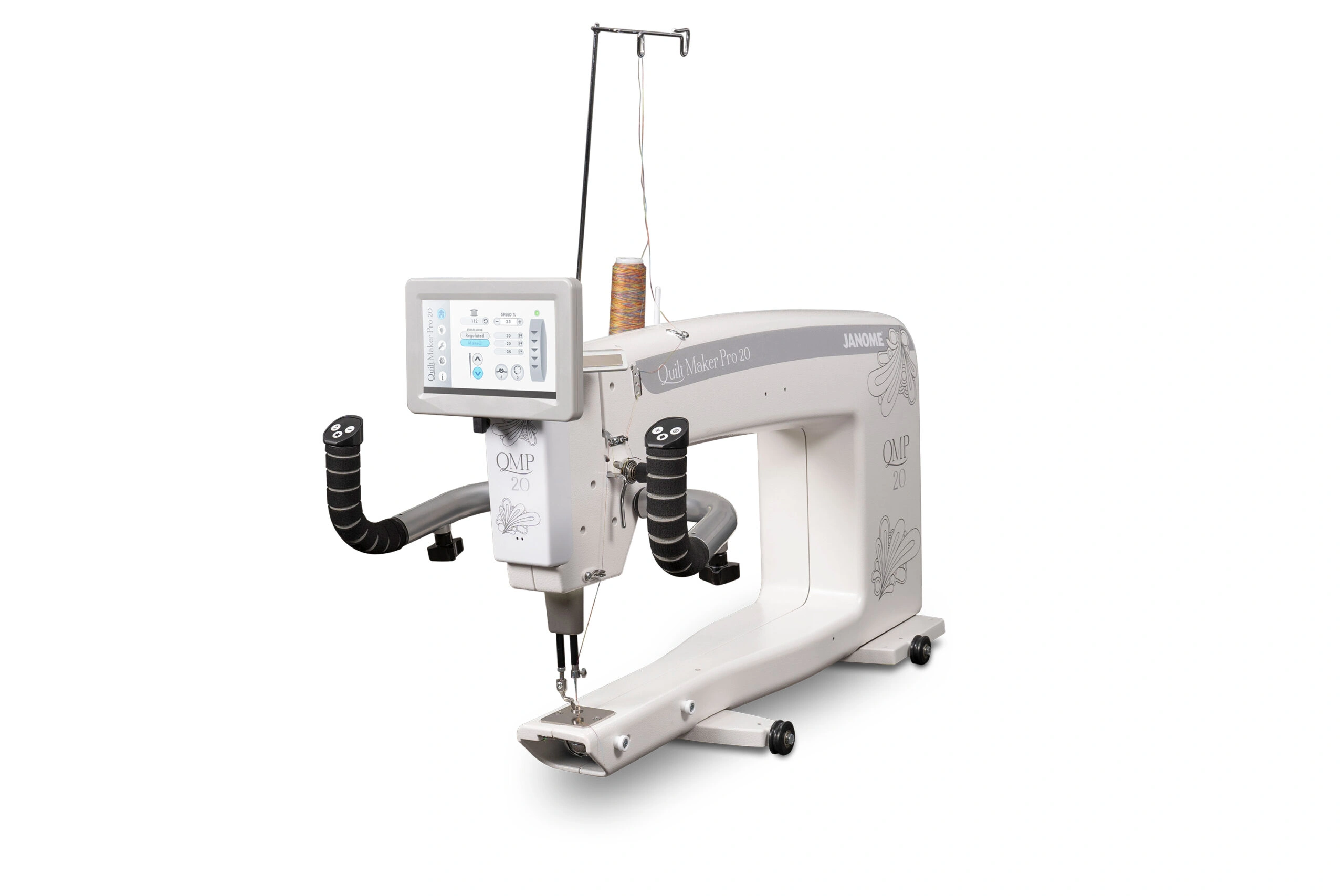 Janome Quilt Maker Pro 20 longarm quilting machine profile display showing ergonomic handle bars inside the showroom of The Broken Needle in Bunn, NC.