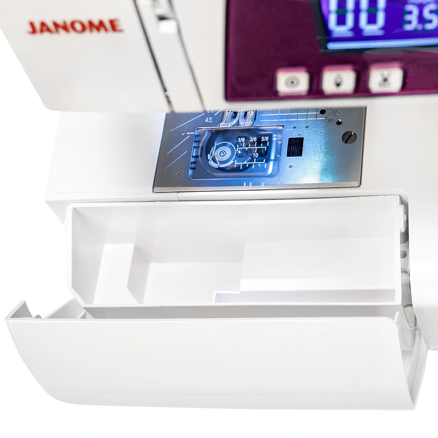 Janome 3160QDC-G convertible free arm configuration with open handy accessory compartment near Wake Forest, NC.