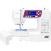 • Close-up of the Janome 3160QDC-G backlit LCD control screen and automated thread cutter button near Raleigh, NC.