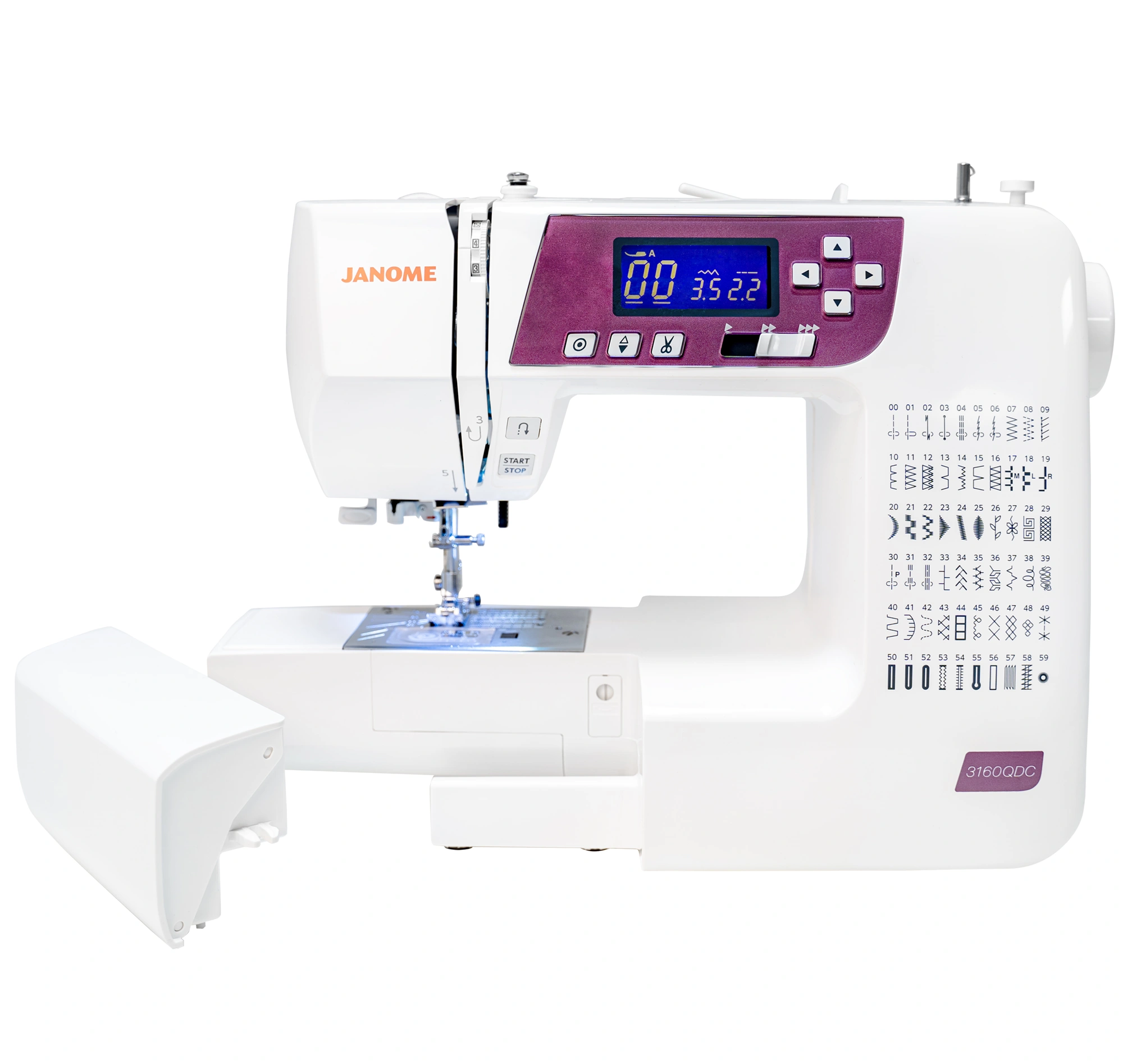 • Close-up of the Janome 3160QDC-G backlit LCD control screen and automated thread cutter button near Raleigh, NC.