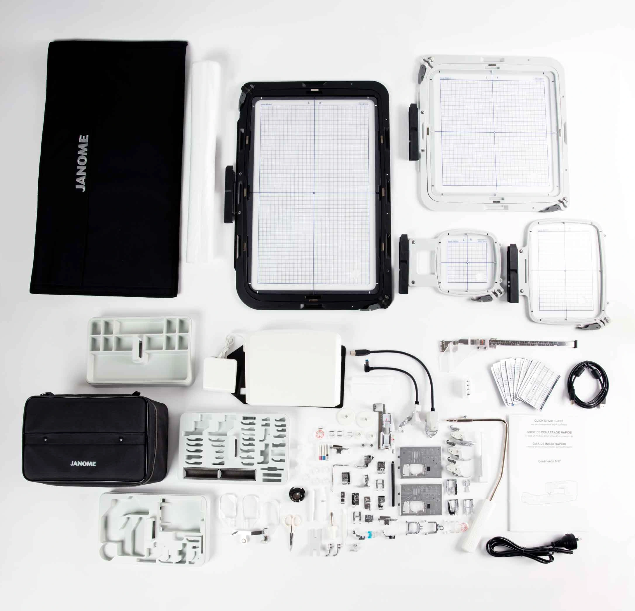 Janome CM17 standard accessories group including 5 specialized hoops and artistic digitizer software available for Southern VA.