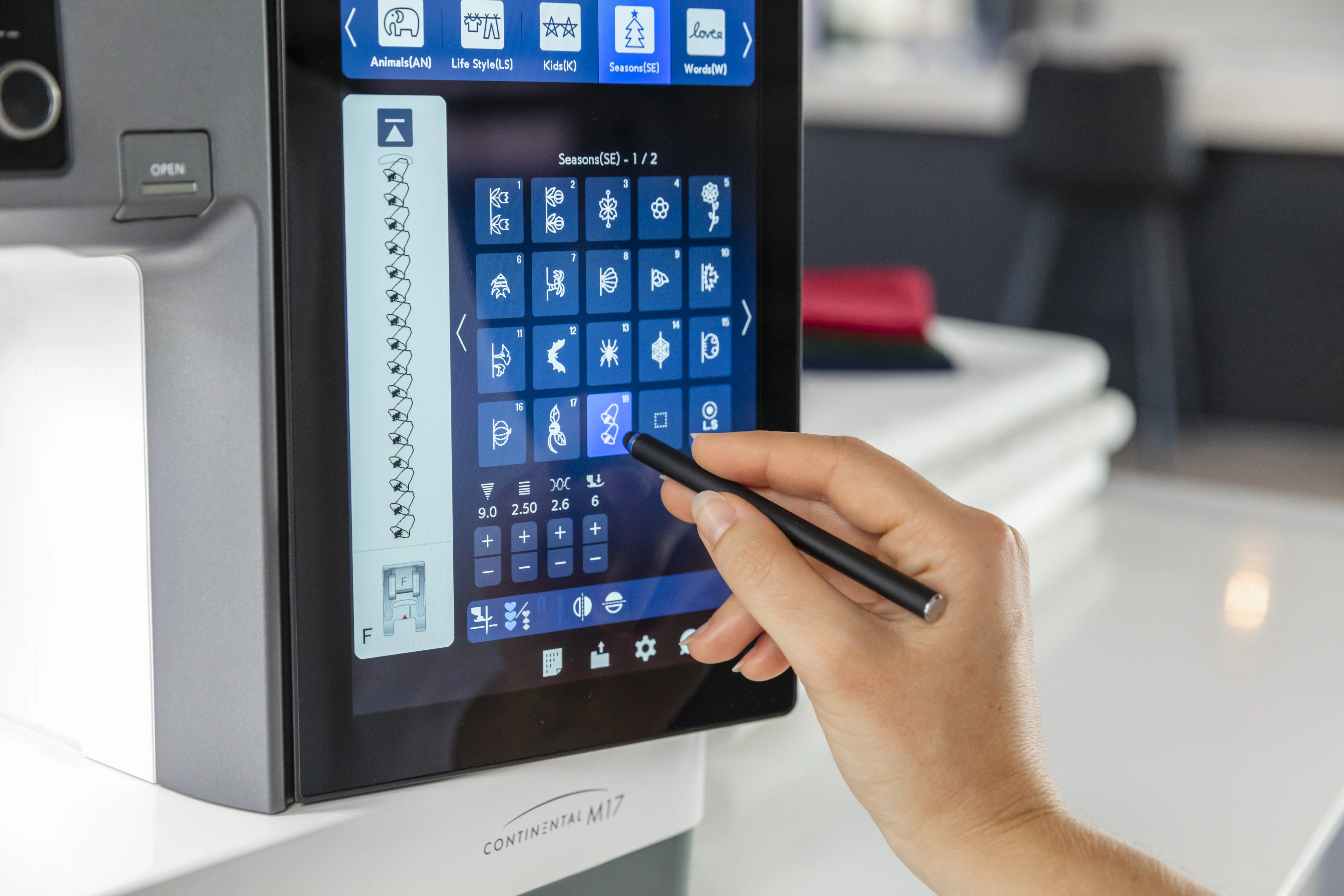 Janome Continental M17 featuring dual interactive color touchscreen displays showing active stitch edits near Raleigh, NC.