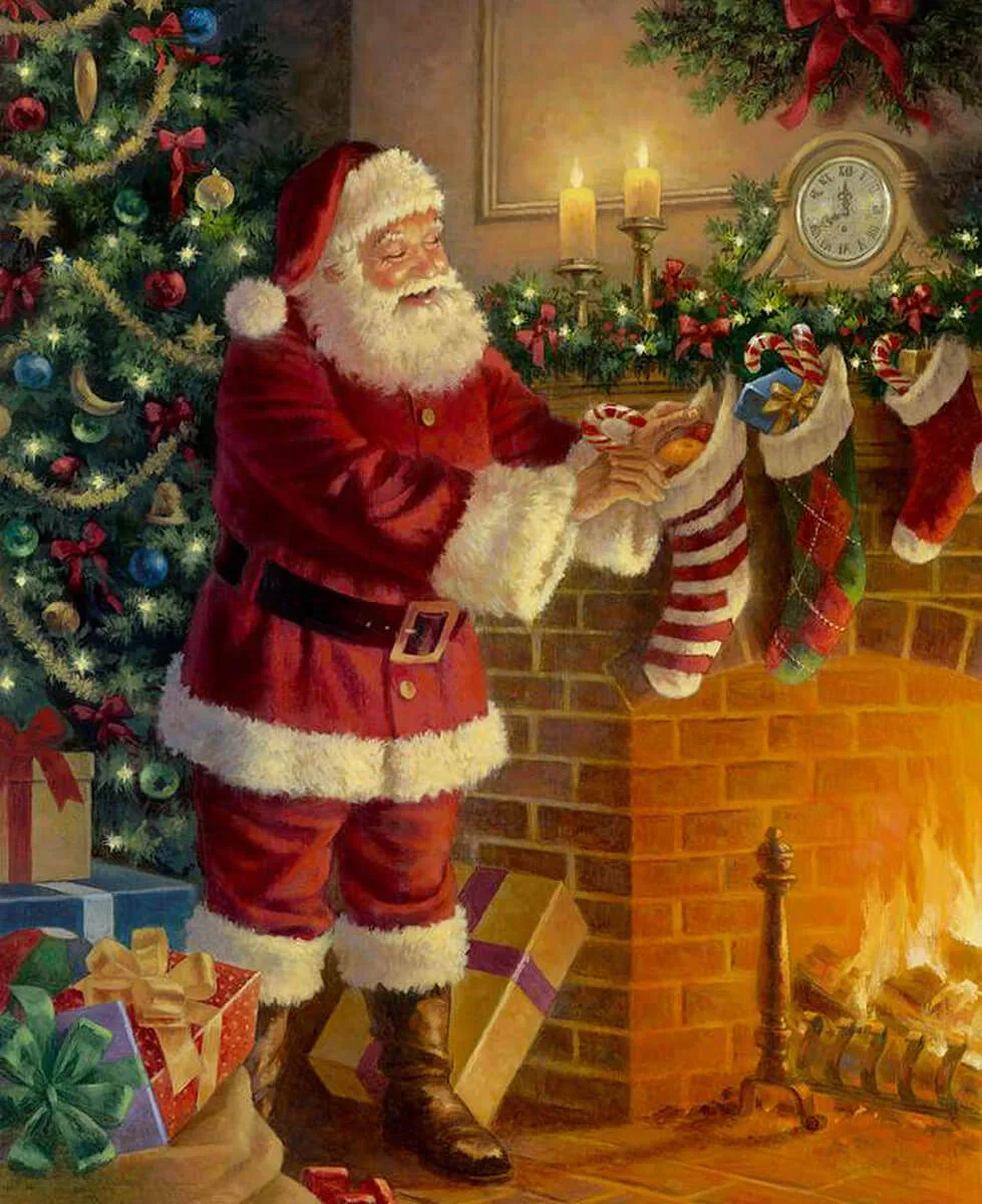 A Nostalgic Christmas Santa by the Fireplace Panel