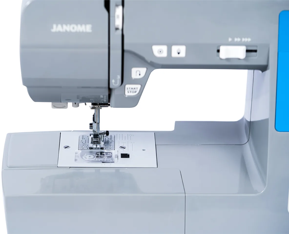 Close-up of the Janome Loft 100 backlit LCD screen displaying interactive stitch selection settings near Raleigh, NC.