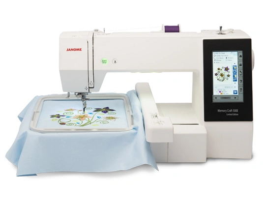 Janome Memory Craft 500E showcasing the massive 7.9 inch by 11 inch RE28b embroidery hoop expansion field near Raleigh, NC.