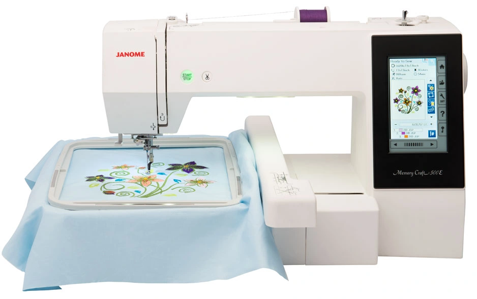 Janome Memory Craft 500E Limited Edition standalone embroidery machine on display in the showroom at The Broken Needle in Bunn, NC.