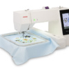 Close-up of the Janome MC500E full-color digital touchscreen showing advanced on-screen layout editing functions near Wake Forest, NC.
