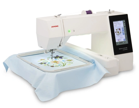 Close-up of the Janome MC500E full-color digital touchscreen showing advanced on-screen layout editing functions near Wake Forest, NC.