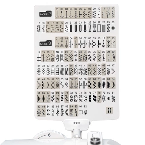 Janome 4120QDC-G flip-up stitch reference library showing 120 built-in utility and alphabet options near Wake Forest, NC.