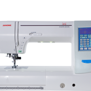 Front view of the Janome Horizon Memory Craft 8200QCP Special Edition sewing machine showing the digital control panel screen and 11-inch throat space on display at The Broken Needle.