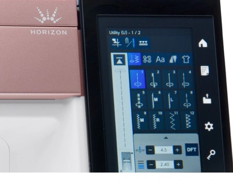 • Janome MC9410QC 5-inch High-Def Color Touchscreen display showing stitch selection menus serving Wilmington and Coastal NC.
