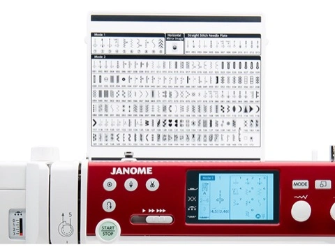 • Close-up of the Janome Memory Craft 6650 backlit digital LCD display panel showing utility stitch settings near Raleigh, NC.