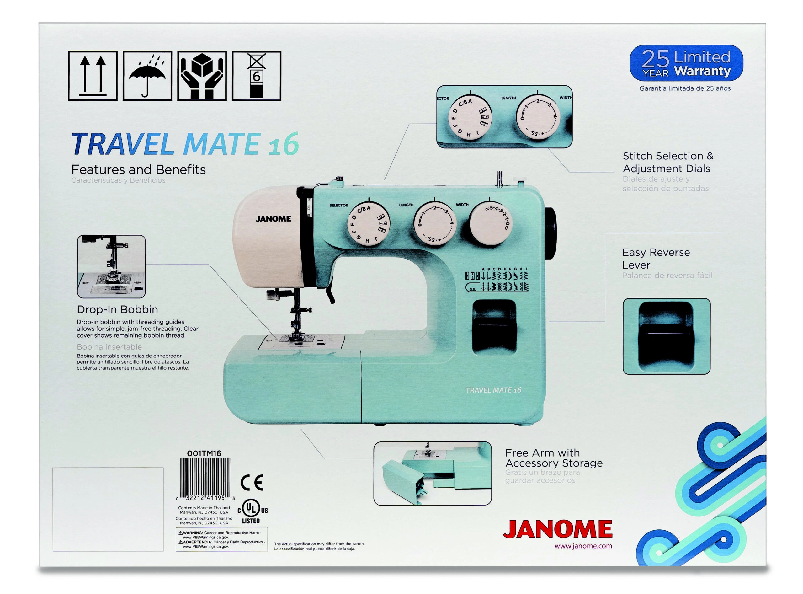 Janome Travel Mate 16 auto-declutch bobbin winder and integrated thread cutter blade available near Clayton, Garner, and Angier, NC.
