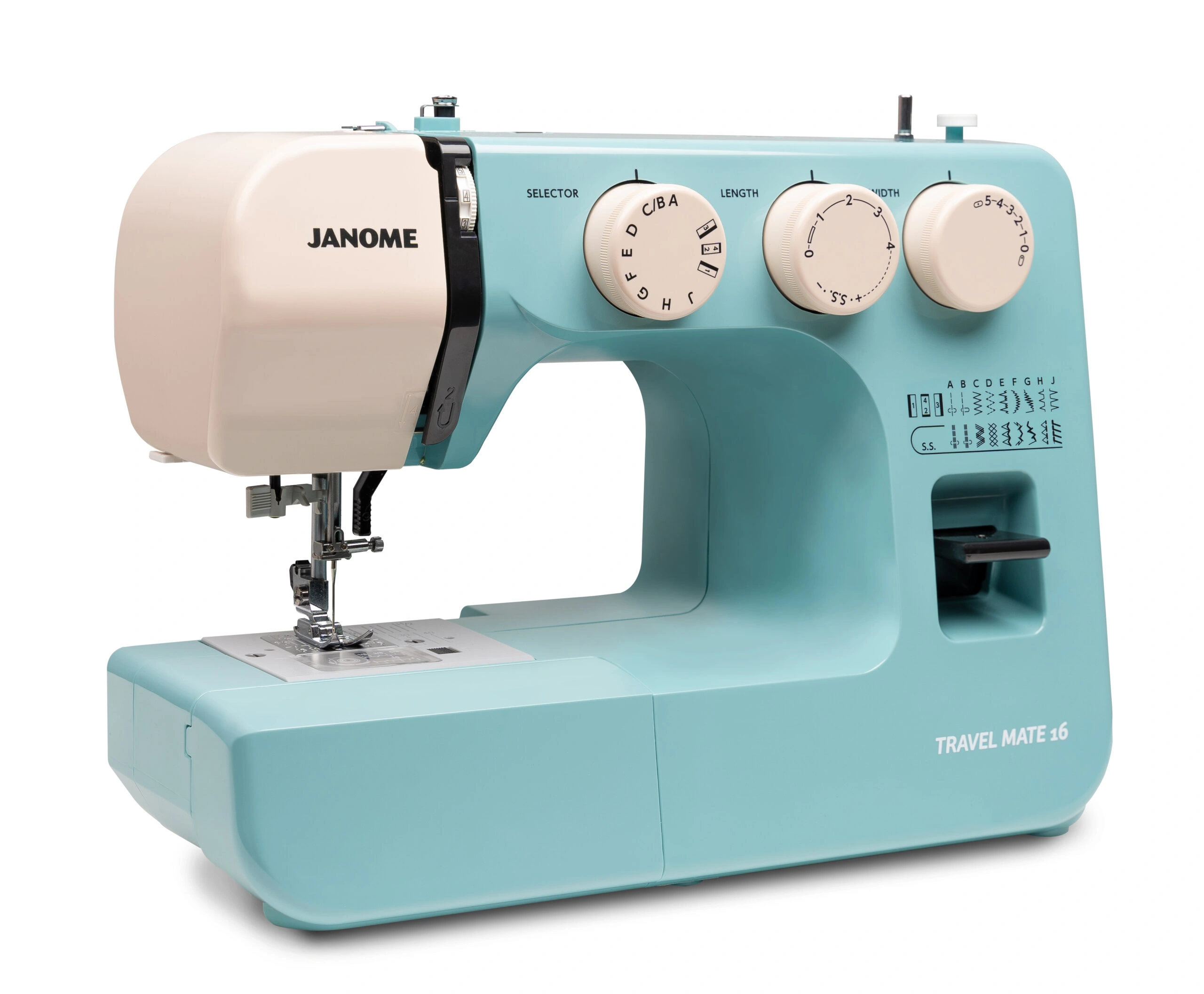 • Close-up of the Janome Travel Mate 16 mechanical stitch selection dial showing 16 built-in options near Raleigh, NC.