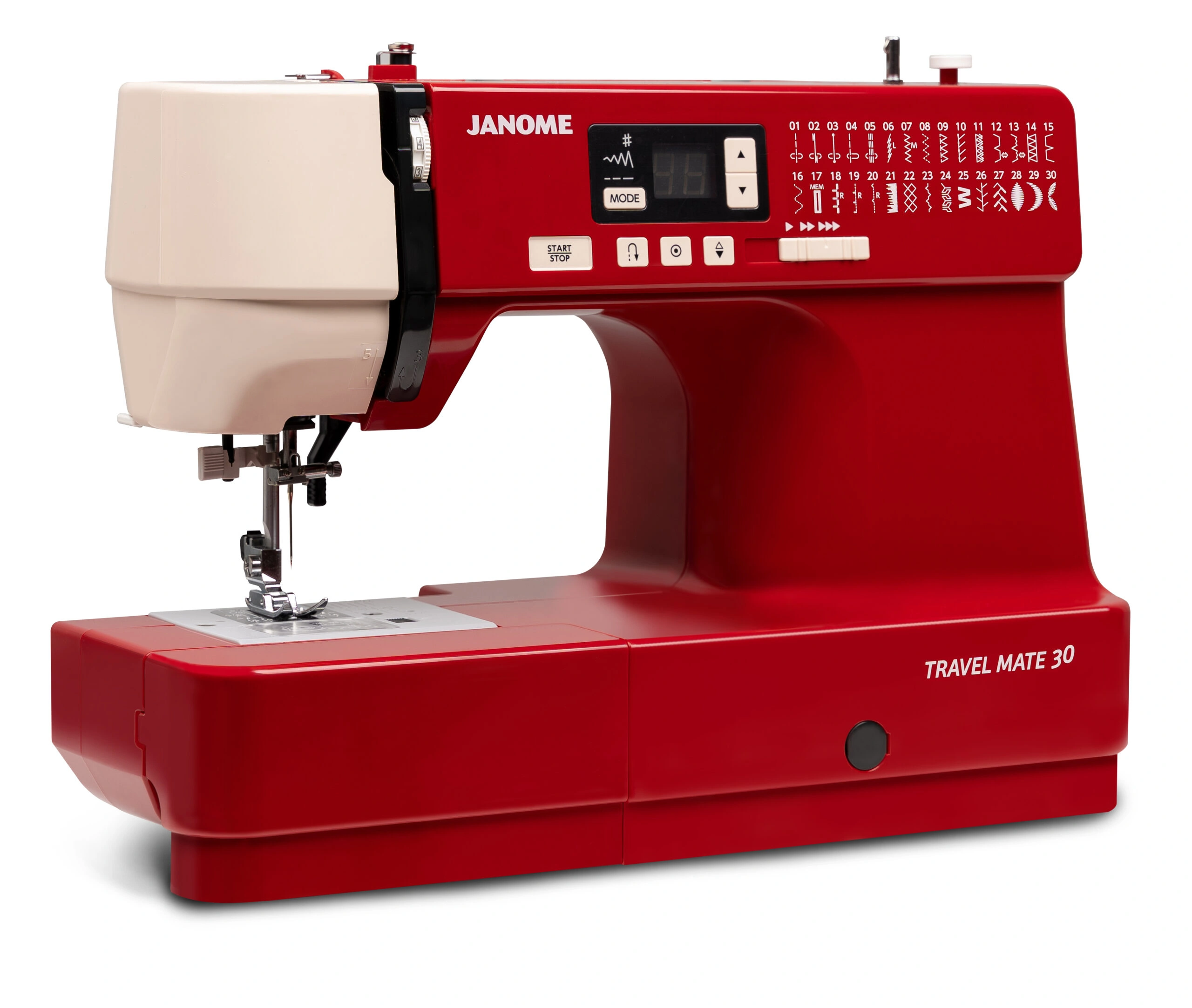 Close-up of the Janome Travel Mate 30 backlit LCD screen and 30 built-in utility stitches menu near Raleigh, NC.