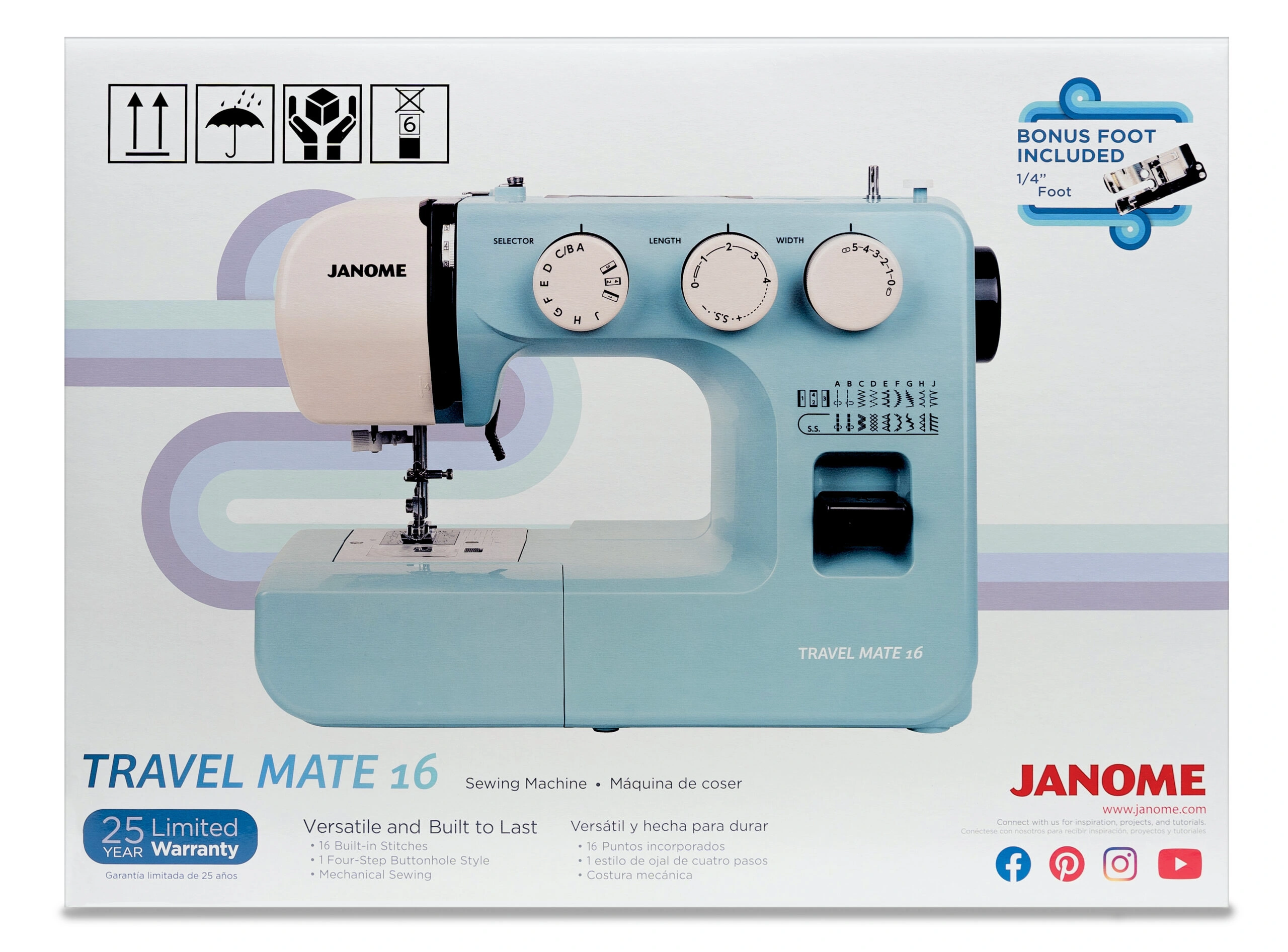 Janome Travel Mate 16 4-piece feed dog array and high presser foot lift bar setup near Wake Forest, NC.