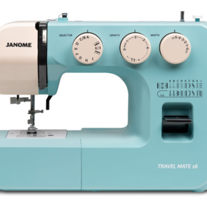 Janome Travel Mate 16 portable mechanical sewing machine on display inside the showroom of The Broken Needle in Bunn, NC.