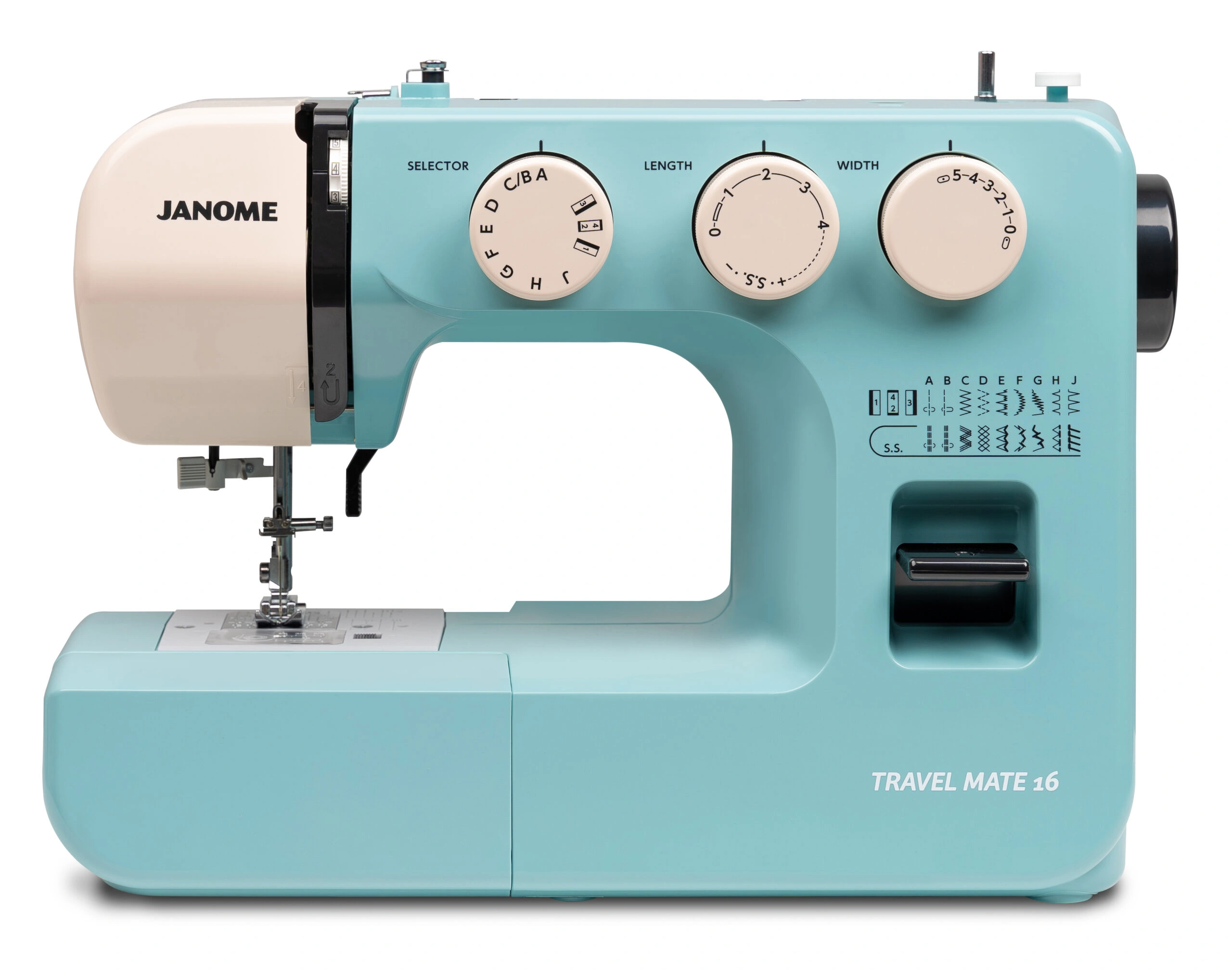 Janome Travel Mate 16 portable mechanical sewing machine on display inside the showroom of The Broken Needle in Bunn, NC.