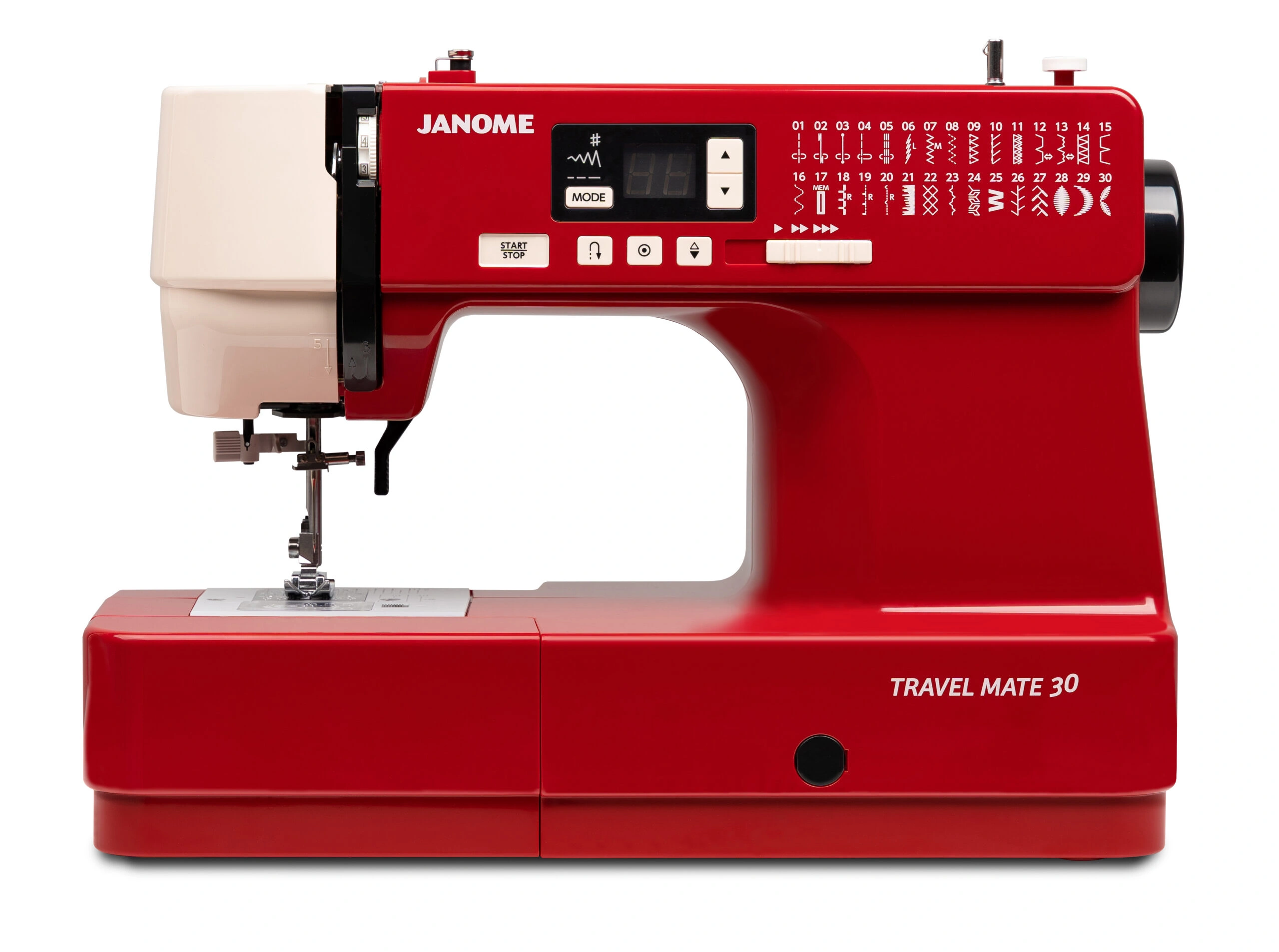 Janome Travel Mate 30 lightweight computerized sewing machine on display at The Broken Needle store in Bunn, NC.