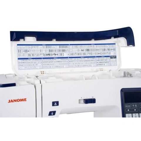 Janome Skyline 6 flip-top lid stitch selection chart showing 196 built-in options near Clayton, NC.