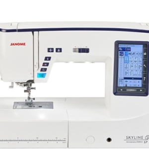 Janome Skyline 7 Anniversary Edition computerized sewing machine featuring full-color LCD touchscreen on display at The Broken Needle in Bunn, NC.