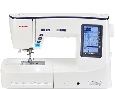 Janome Skyline 7 Anniversary Edition computerized sewing machine featuring full-color LCD touchscreen on display at The Broken Needle in Bunn, NC.