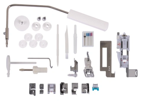 Janome Skyline S6 Anniversary Edition standard accessory feet assortment featuring the AcuFeed Flex system near Danville and Southern VA.