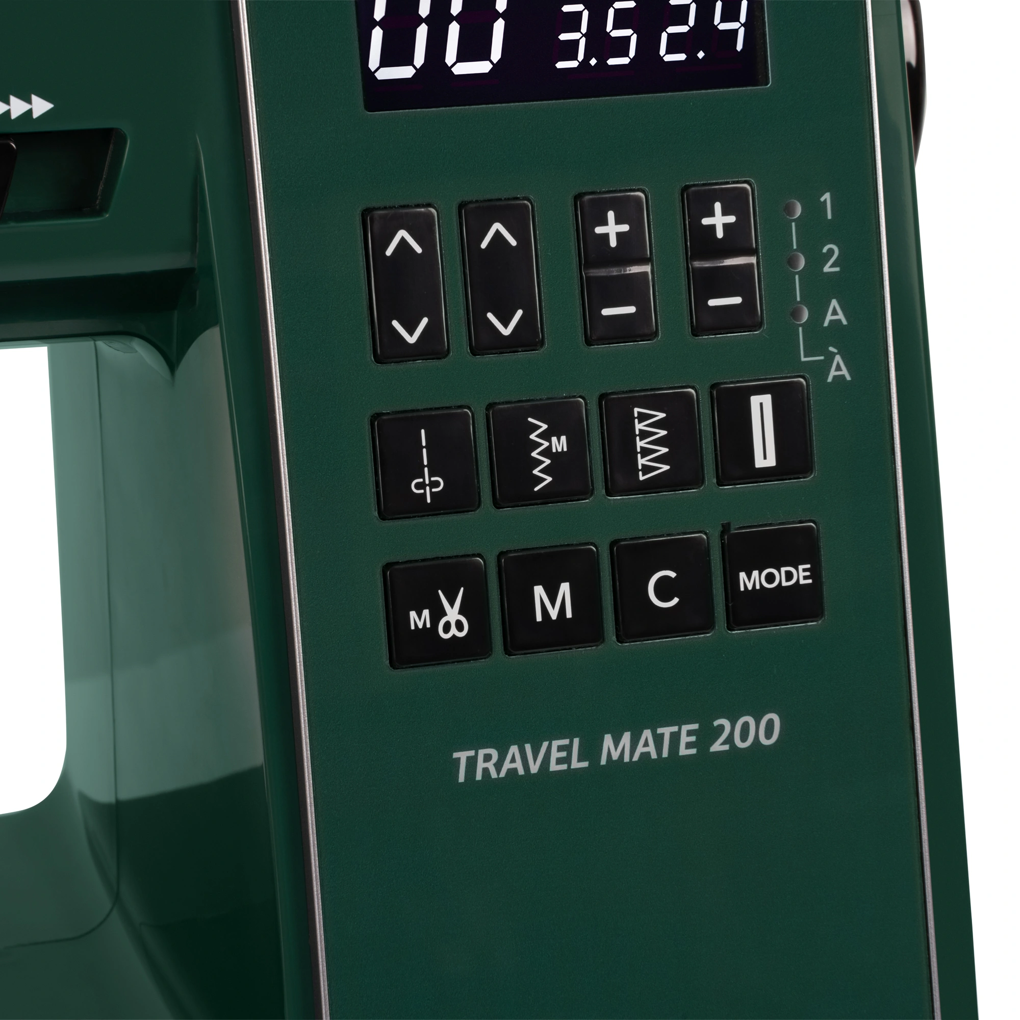 Janome Travel Mate 200 backlit digital navigation panel showing programmable block alphabet modes near Wake Forest, NC.