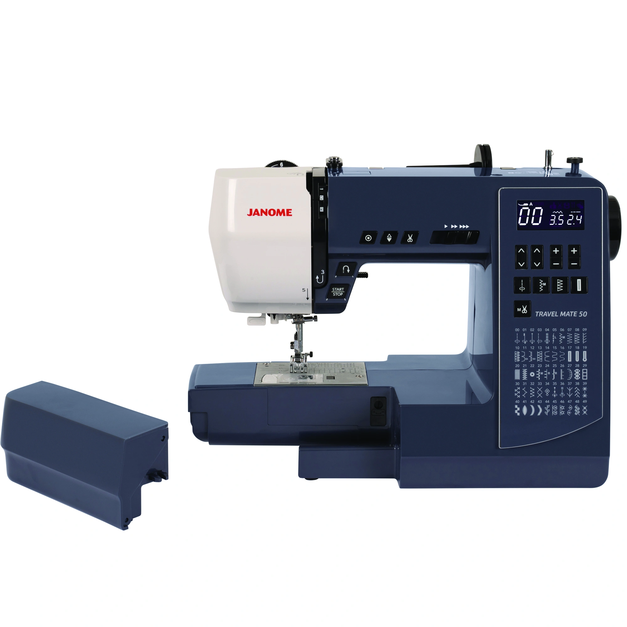 Janome Travel Mate 50 protective hard shell carrying cover and free arm configuration serving creators near Cary and Zebulon, NC.