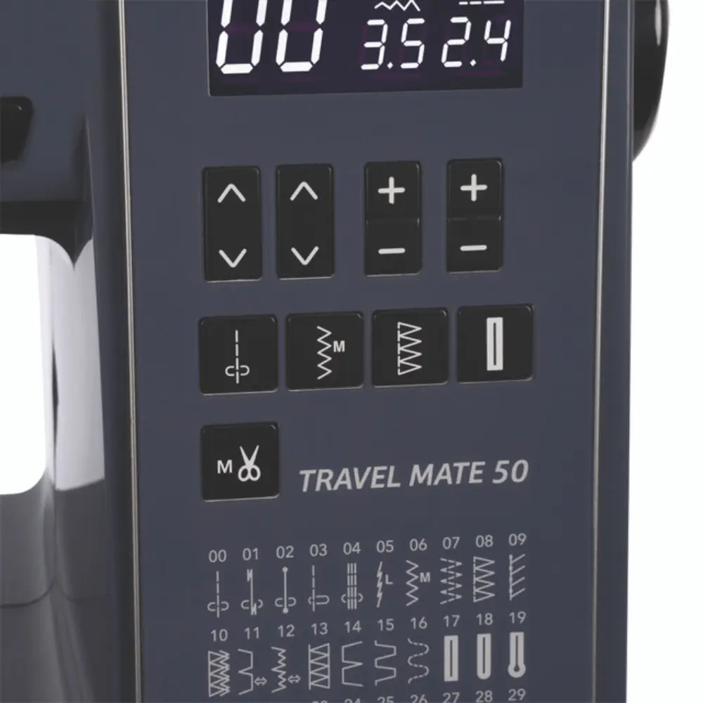• Close-up of the Janome Travel Mate 50 backlit LCD screen and 50 built-in quilting and fashion stitches menu near Wake Forest, NC.