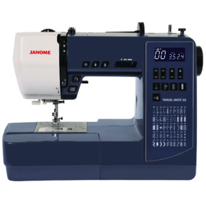 Janome Travel Mate 50 computerized travel sewing machine on display inside the showroom of The Broken Needle in Bunn, NC.