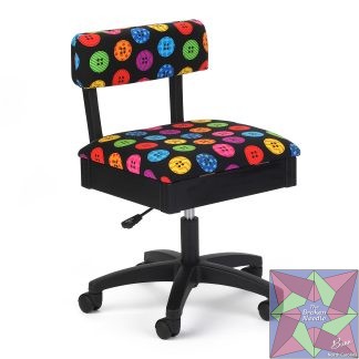 Bright Buttons Hydraulic Sewing Chair Buttons, buttons, who’s got the Bright Buttons? We do, and you can too. This heavy-duty upholstery fabric dazzles with brightly colored and patterned buttons scattered playfully across a black field. The chair’s adjustable seat (seat height moves between 18 and 22 inches), plush cushions, lumbar support and five-star 360° swivel base make it easy to sew ergonomically, and the seat’s secret storage compartment is perfect for stashing notions or an emergency button hook.