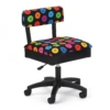 Arrow Bright Buttons hydraulic sewing chair displaying multicolored button patterns over a black cushion background inside our Bunn NC showroom.