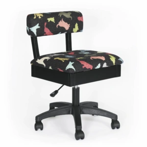 Arrow Good Dog hydraulic sewing chair with beautiful canine-themed fabric patterns ideal for an ergonomic work setup in Raleigh NC.