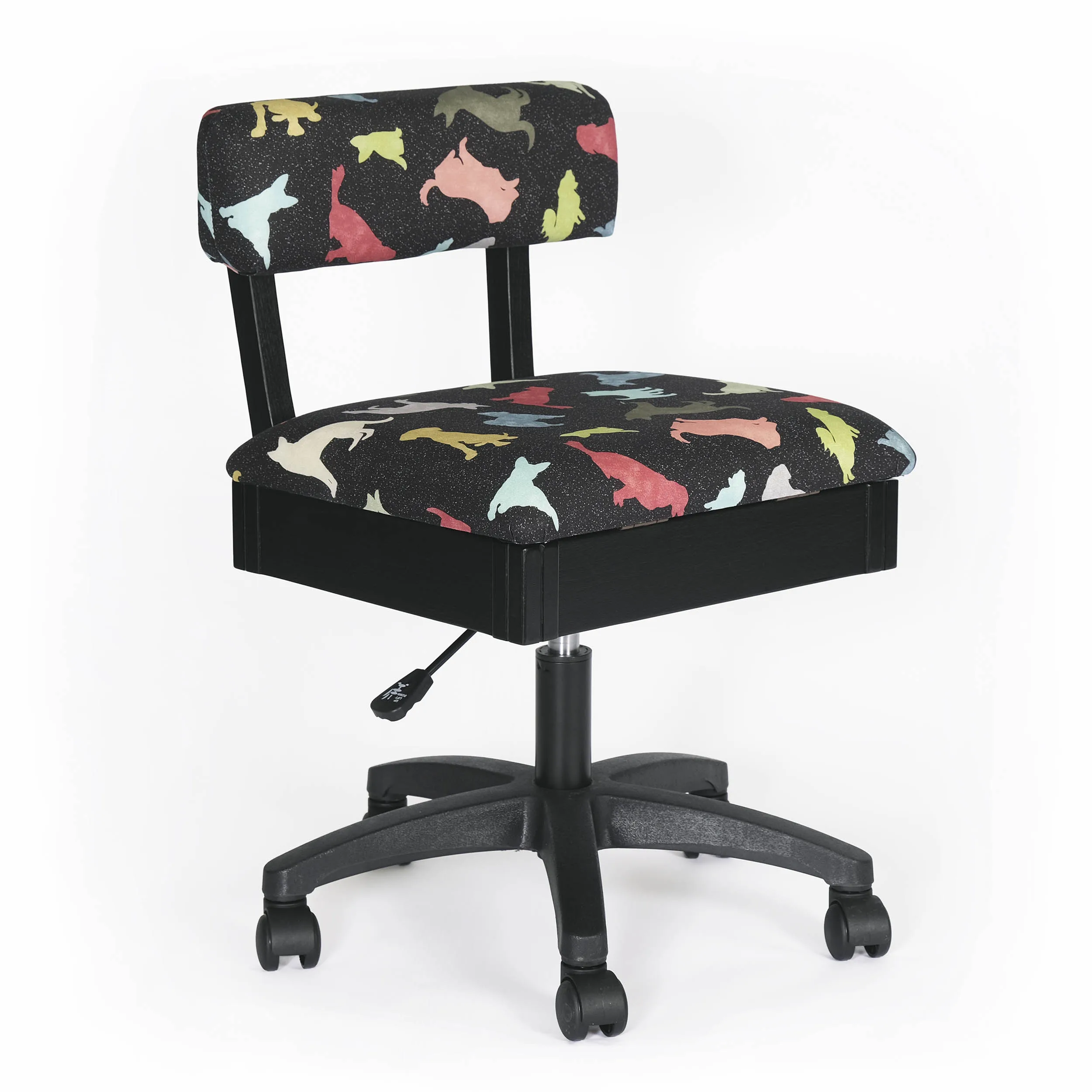 Arrow Good Dog hydraulic sewing chair with beautiful canine-themed fabric patterns ideal for an ergonomic work setup in Raleigh NC.
