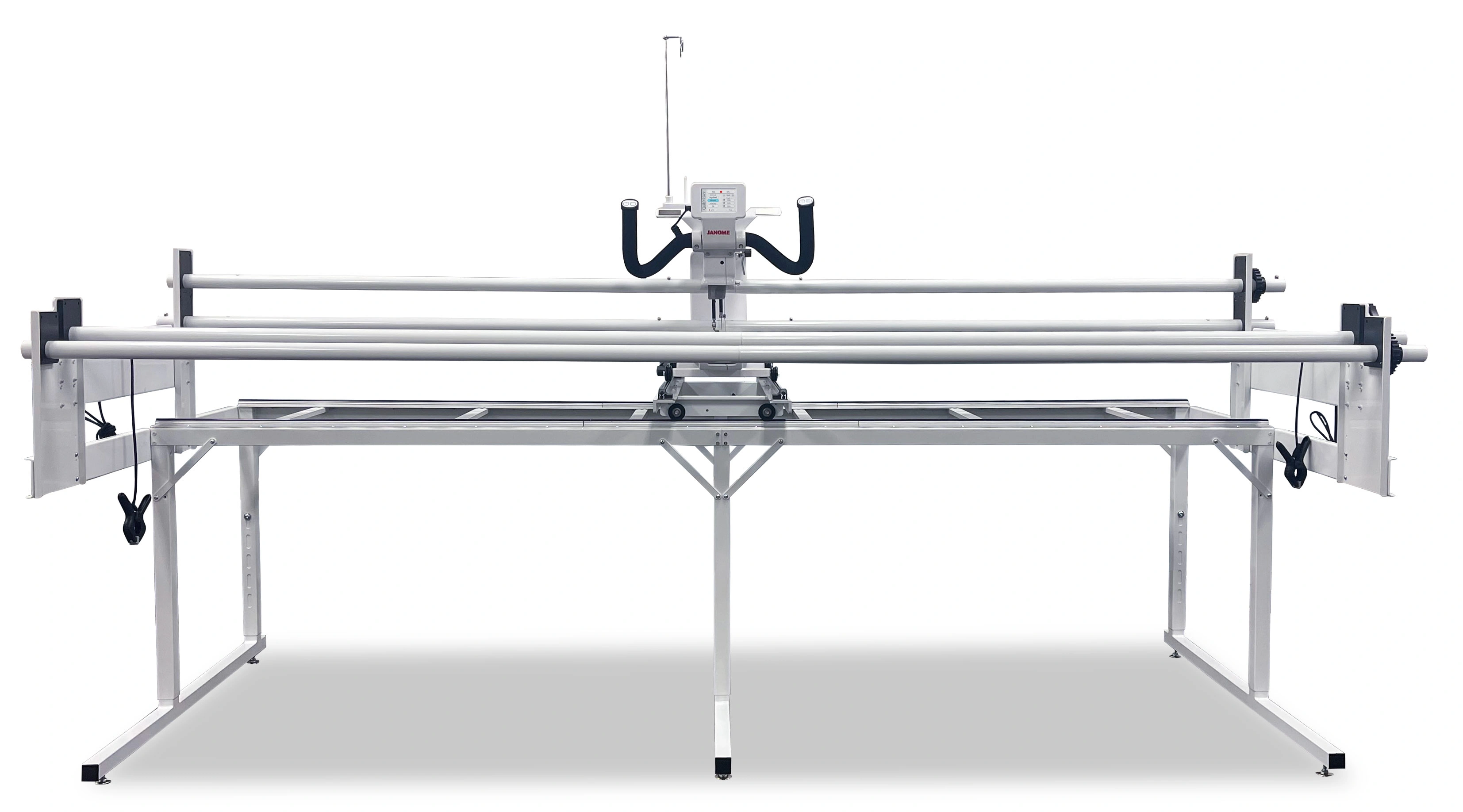 Adjustable rear handlebars and digital LCD touchscreen controls of the Janome Quilt Maker Pro 18 setup near Cary and Clayton.