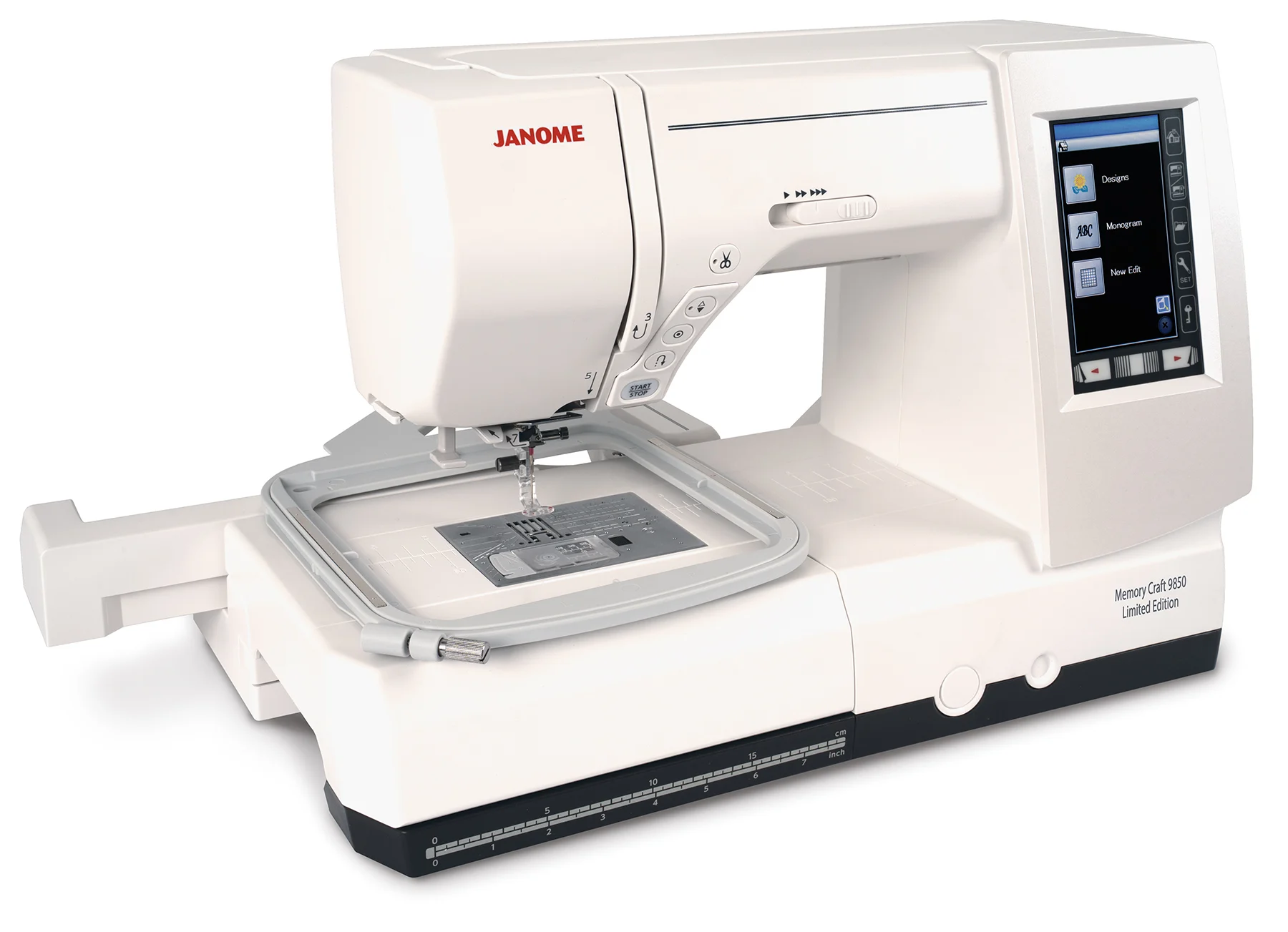 Close-up of the Janome MC9850 Limited Edition embroidery carriage setup near Raleigh, NC.