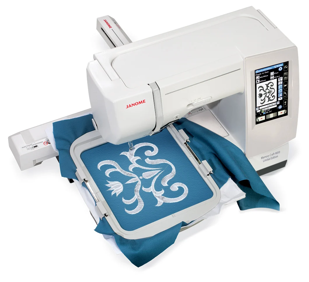 Janome Memory Craft 9850 full-color LCD touchscreen embroidery layout menu serving creators in Garner and Angier, NC.