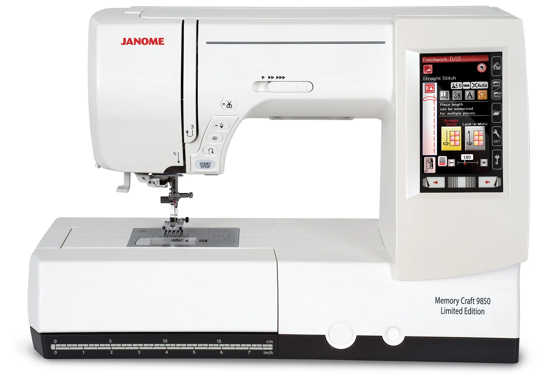 Janome Memory Craft 9850 Limited Edition sewing and embroidery machine on display inside the showroom of The Broken Needle in Bunn, NC